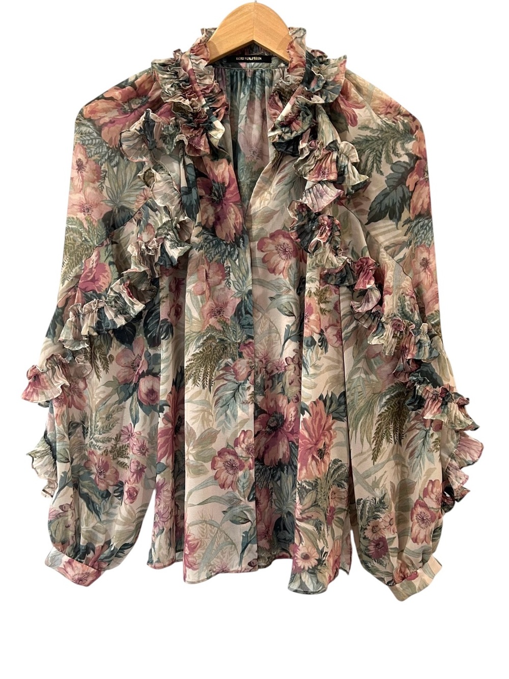 Kobi Halperin women’s Esme ruffle Blouse M rose multi button up floral romantic